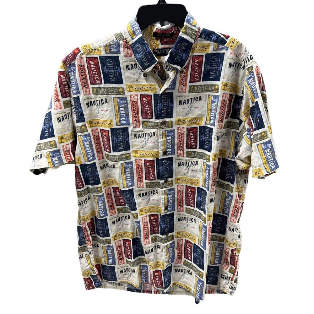 Nautica Shirt Mens Size XL Button Up Camp All Over Print Spell Out Cotton Rayon
